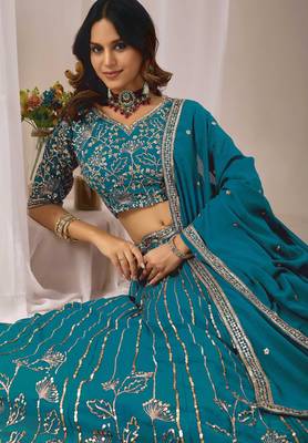 Blue Zari And Sequins Embroidery Work Faux Georgette Semi Stitched Lehenga Set 2