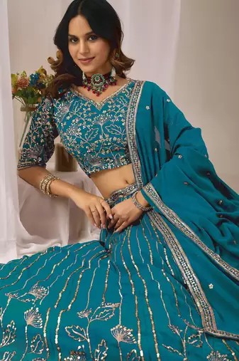Blue Zari And Sequins Embroidery Work Faux Georgette Semi Stitched Lehenga Set