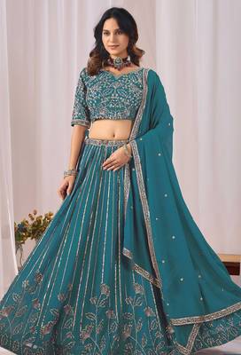 Blue Zari And Sequins Embroidery Work Faux Georgette Semi Stitched Lehenga Set 3