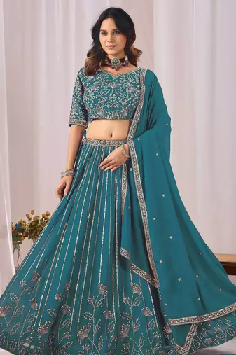 Blue Zari And Sequins Embroidery Work Faux Georgette Semi Stitched Lehenga Set