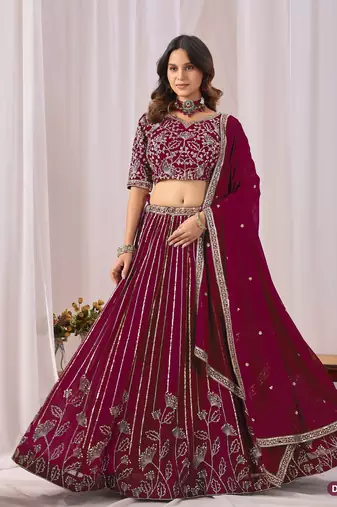Rani Pink Zari And Sequins Embroidery Work Faux Georgette Semi Stitched Lehenga Set