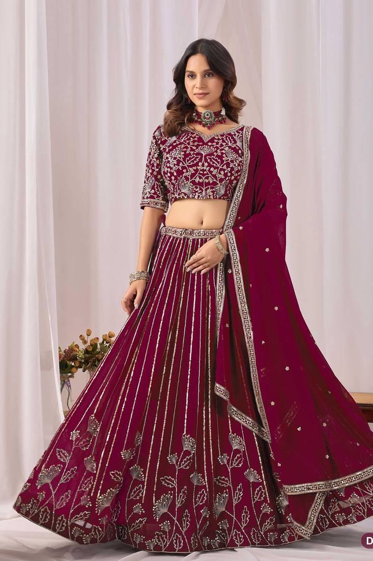 Rani Pink Zari And Sequins Embroidery Work Faux Georgette Semi Stitched Lehenga Set
