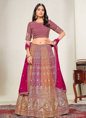 Pink & Orange Zari And Sequins Embroidery Work Faux Georgette Semi Stitched Lehenga Set 1