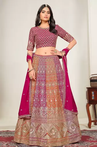 Pink & Orange Zari And Sequins Embroidery Work Faux Georgette Semi Stitched Lehenga Set