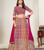 Pink & Orange Zari And Sequins Embroidery Work Faux Georgette Semi Stitched Lehenga Set