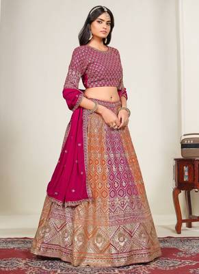 Pink & Orange Zari And Sequins Embroidery Work Faux Georgette Semi Stitched Lehenga Set 2