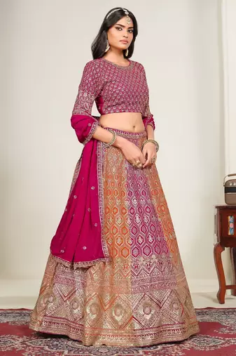 Pink & Orange Zari And Sequins Embroidery Work Faux Georgette Semi Stitched Lehenga Set