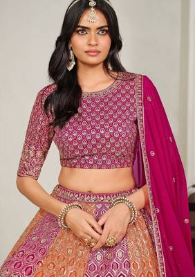 Pink & Orange Zari And Sequins Embroidery Work Faux Georgette Semi Stitched Lehenga Set 3