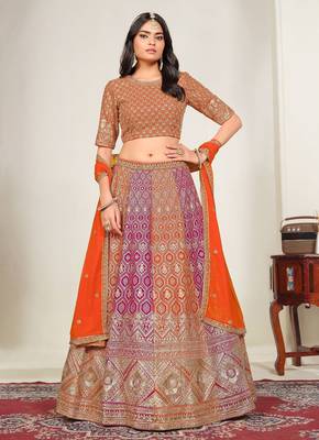 Pink & Orange Zari And Sequins Embroidery Work Faux Georgette Semi Stitched Lehenga Set 1