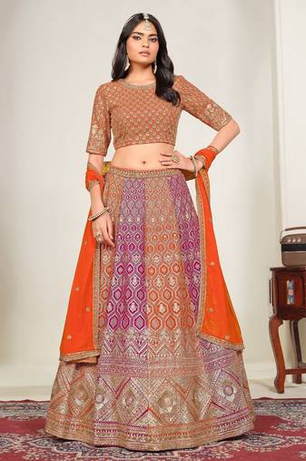 Pink & Orange Zari And Sequins Embroidery Work Faux Georgette Semi Stitched Lehenga Set