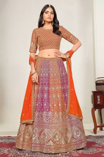 Pink & Orange Zari And Sequins Embroidery Work Faux Georgette Semi Stitched Lehenga Set