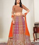 Pink & Orange Zari And Sequins Embroidery Work Faux Georgette Semi Stitched Lehenga Set