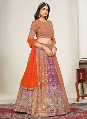 Pink & Orange Zari And Sequins Embroidery Work Faux Georgette Semi Stitched Lehenga Set 2