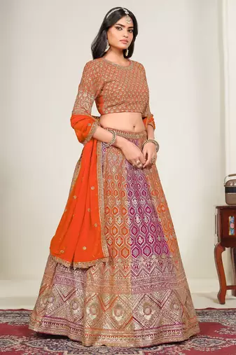 Pink & Orange Zari And Sequins Embroidery Work Faux Georgette Semi Stitched Lehenga Set
