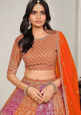 Pink & Orange Zari And Sequins Embroidery Work Faux Georgette Semi Stitched Lehenga Set 3