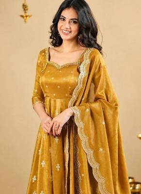 Mustard yellow thread sequins embroidered cosmo anarkali suit with pants & dupatta 4