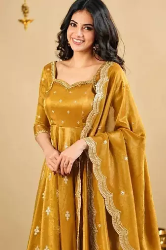 Mustard yellow thread sequins embroidered cosmo anarkali suit with pants & dupatta