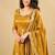Mustard yellow thread sequins embroidered cosmo anarkali suit with pants & dupatta