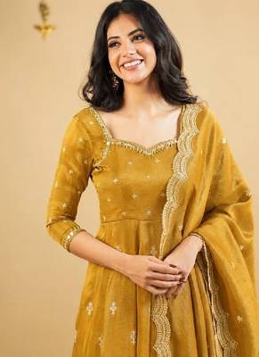 Mustard yellow thread sequins embroidered cosmo anarkali suit with pants & dupatta 5