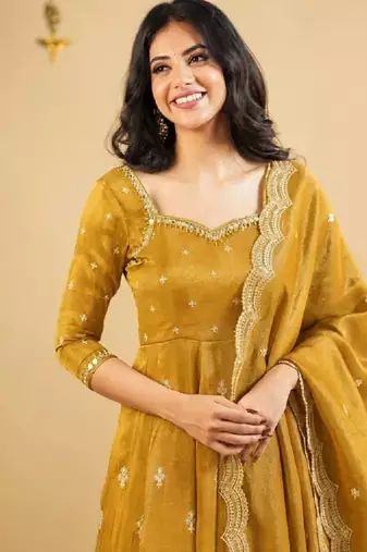 Mustard yellow thread sequins embroidered cosmo anarkali suit with pants & dupatta
