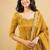 Mustard yellow thread sequins embroidered cosmo anarkali suit with pants & dupatta