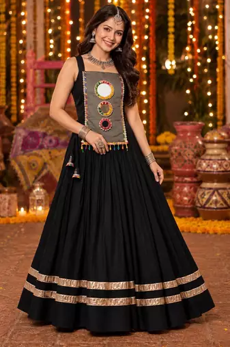Black mirror work reyon lehenga choli for women- full stitched free size