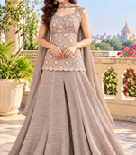 Taupe grey bead sequin work salsa silk sharara set with blouse & cape dupatta