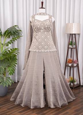 Taupe grey bead sequin work salsa silk sharara set with blouse & cape dupatta 2
