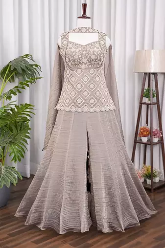 Taupe grey bead sequin work salsa silk sharara set with blouse & cape dupatta