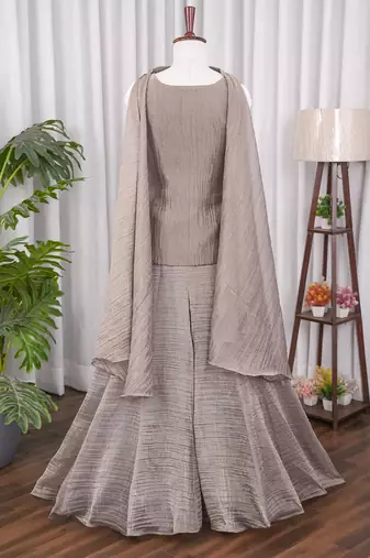Taupe grey bead sequin work salsa silk sharara set with blouse & cape dupatta