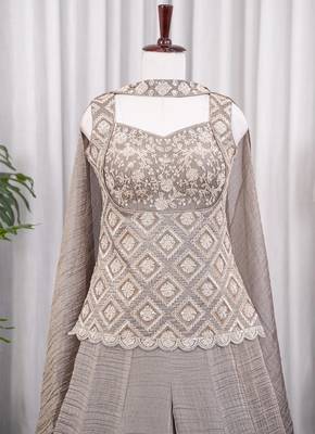 Taupe grey bead sequin work salsa silk sharara set with blouse & cape dupatta 4