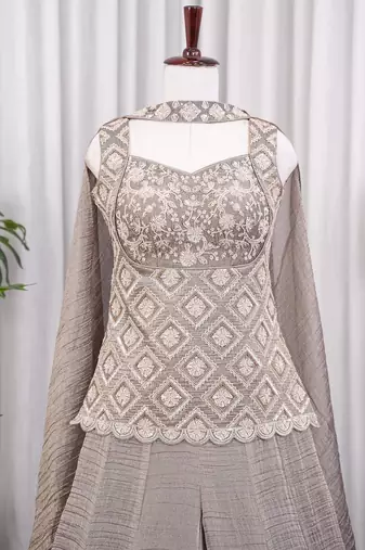 Taupe grey bead sequin work salsa silk sharara set with blouse & cape dupatta