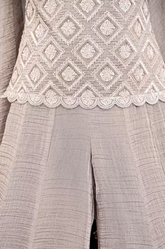 Taupe grey bead sequin work salsa silk sharara set with blouse & cape dupatta