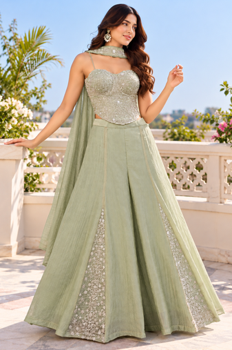 Sage green bead, zari & sequin embroidery salsa silk sharara set with blouse & dupatta