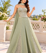 Sage green bead, zari & sequin embroidery salsa silk sharara set with blouse & dupatta