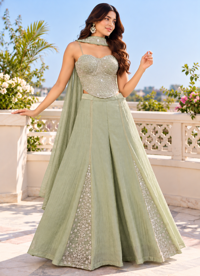Sage green bead, zari & sequin embroidery salsa silk sharara set with blouse & dupatta