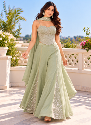 Sage green bead, zari & sequin embroidery salsa silk sharara set with blouse & dupatta 2