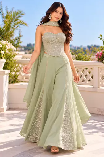 Sage green bead, zari & sequin embroidery salsa silk sharara set with blouse & dupatta