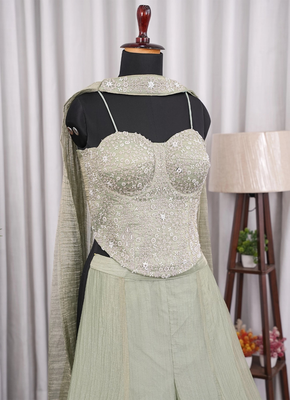Sage green bead, zari & sequin embroidery salsa silk sharara set with blouse & dupatta 4
