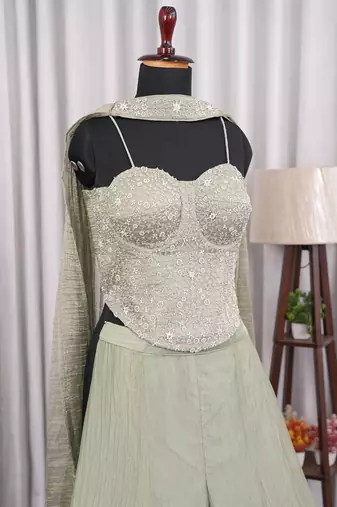 Sage green bead, zari & sequin embroidery salsa silk sharara set with blouse & dupatta
