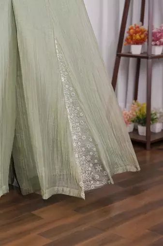 Sage green bead, zari & sequin embroidery salsa silk sharara set with blouse & dupatta
