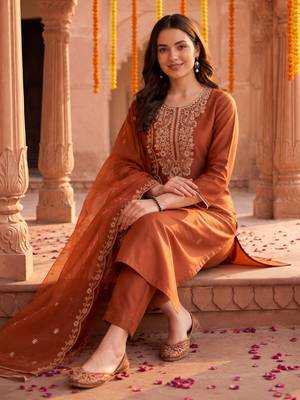 Orange embroidered straight kurta trousers with dupatta set 1