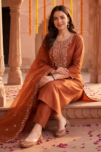 Orange embroidered straight kurta trousers with dupatta set