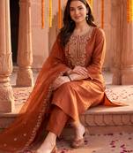 Orange embroidered straight kurta trousers with dupatta set