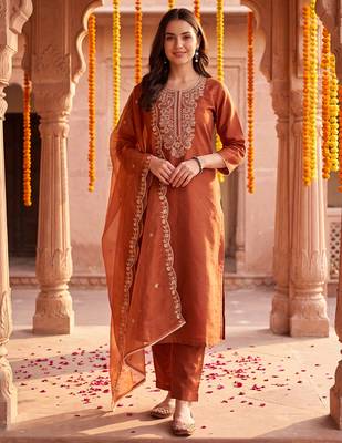Orange embroidered straight kurta trousers with dupatta set 2