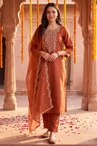 Orange embroidered straight kurta trousers with dupatta set