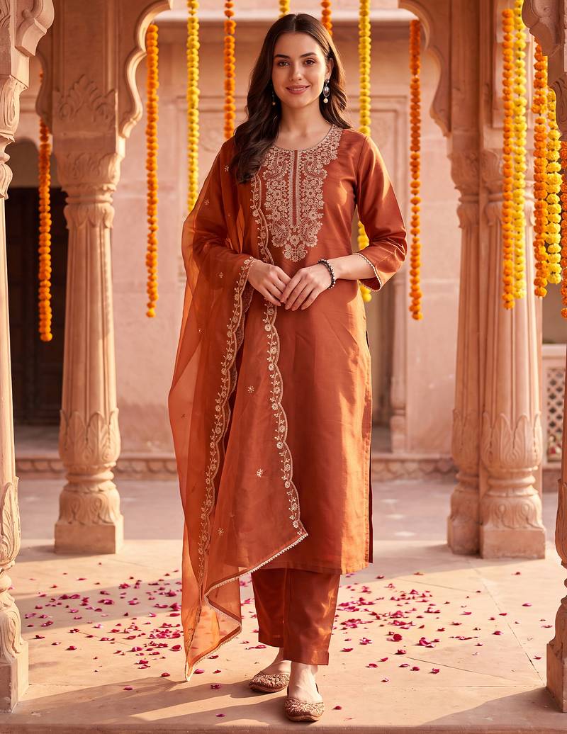Orange embroidered straight kurta trousers with dupatta set