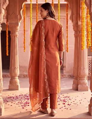 Orange embroidered straight kurta trousers with dupatta set 3