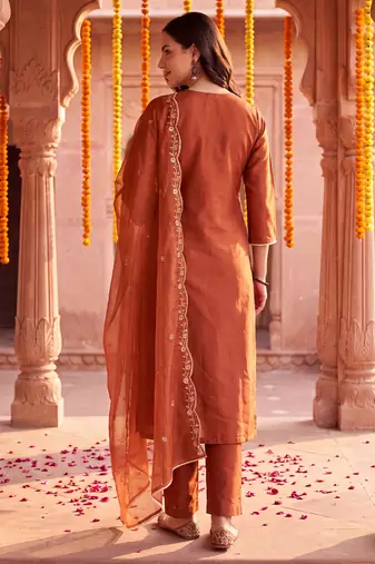 Orange embroidered straight kurta trousers with dupatta set