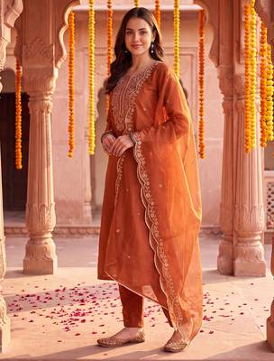 Orange embroidered straight kurta trousers with dupatta set 4